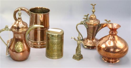 Copper pint mug, 2 x Persian vessels, brass cannister and Persian vase